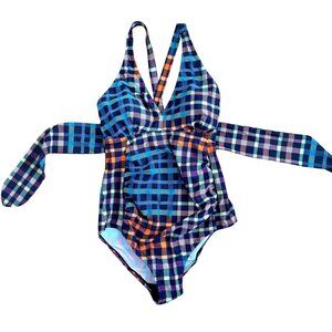 Motherhood Maternity One Piece Swim Suit Size Small Plaid Multicolor Beach Pool